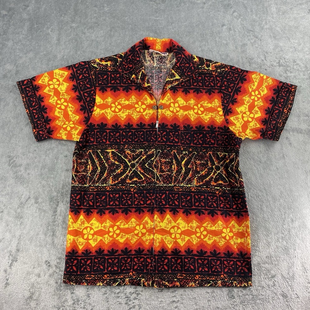 Vtg Mo Bettah Shirt Mens M Orange Tropical Hawaiian Full Zip Short Sleeve 1940s